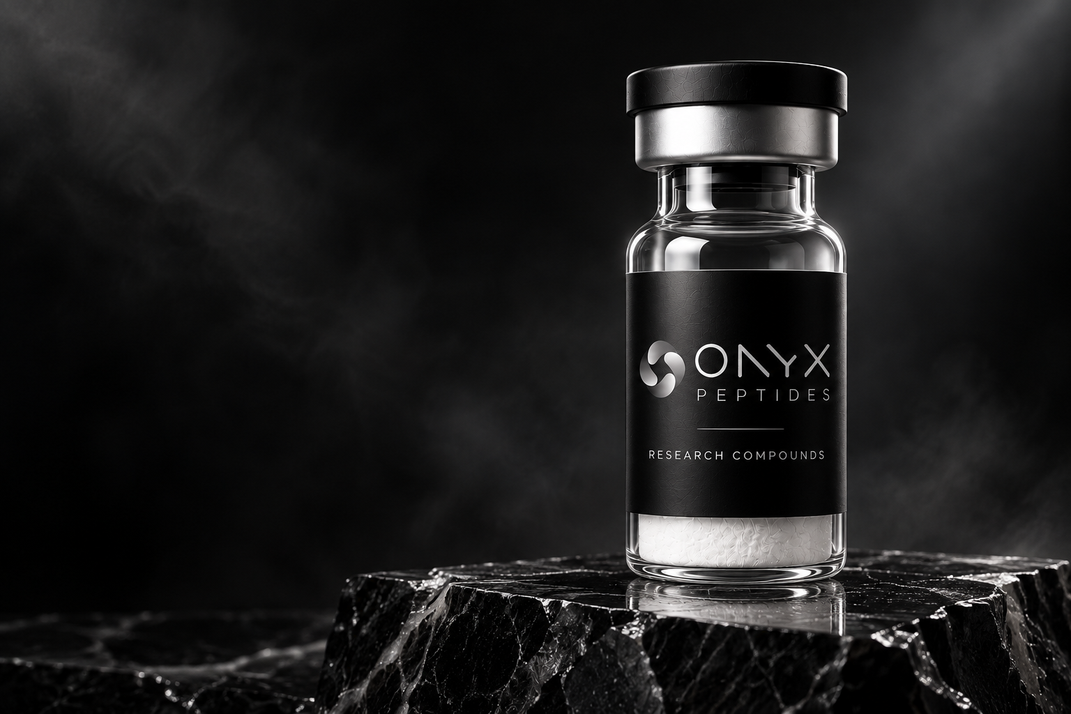Onyx Peptides, vial hitam dan silver di atas batu onyx